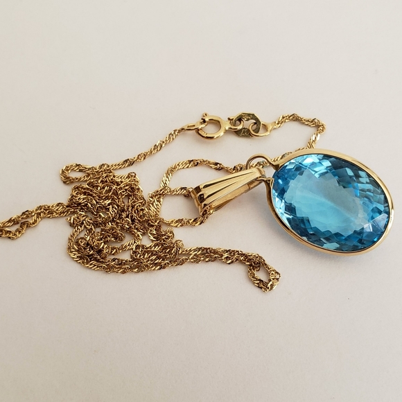 14K Gold 16CT Swiss Blue Topaz Solitaire Necklace - Picture 2 of 8